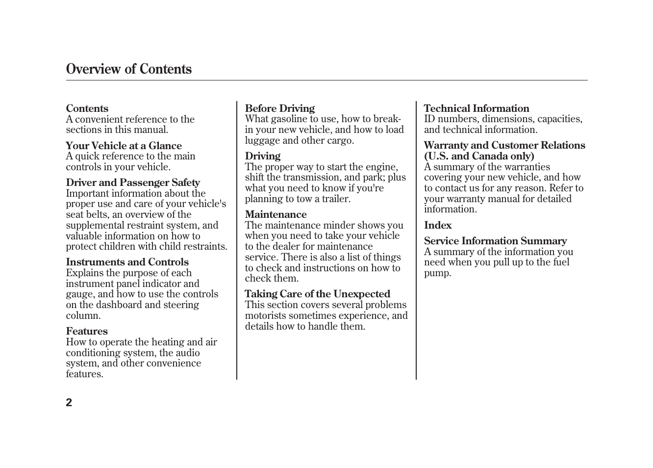 Overview of contents | HONDA 2009 Element User Manual | Page 8 / 346