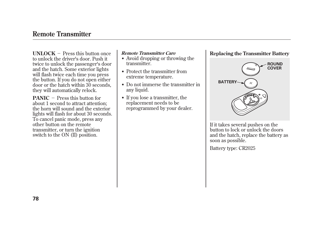 Remote transmitter | HONDA 2009 Element User Manual | Page 84 / 346