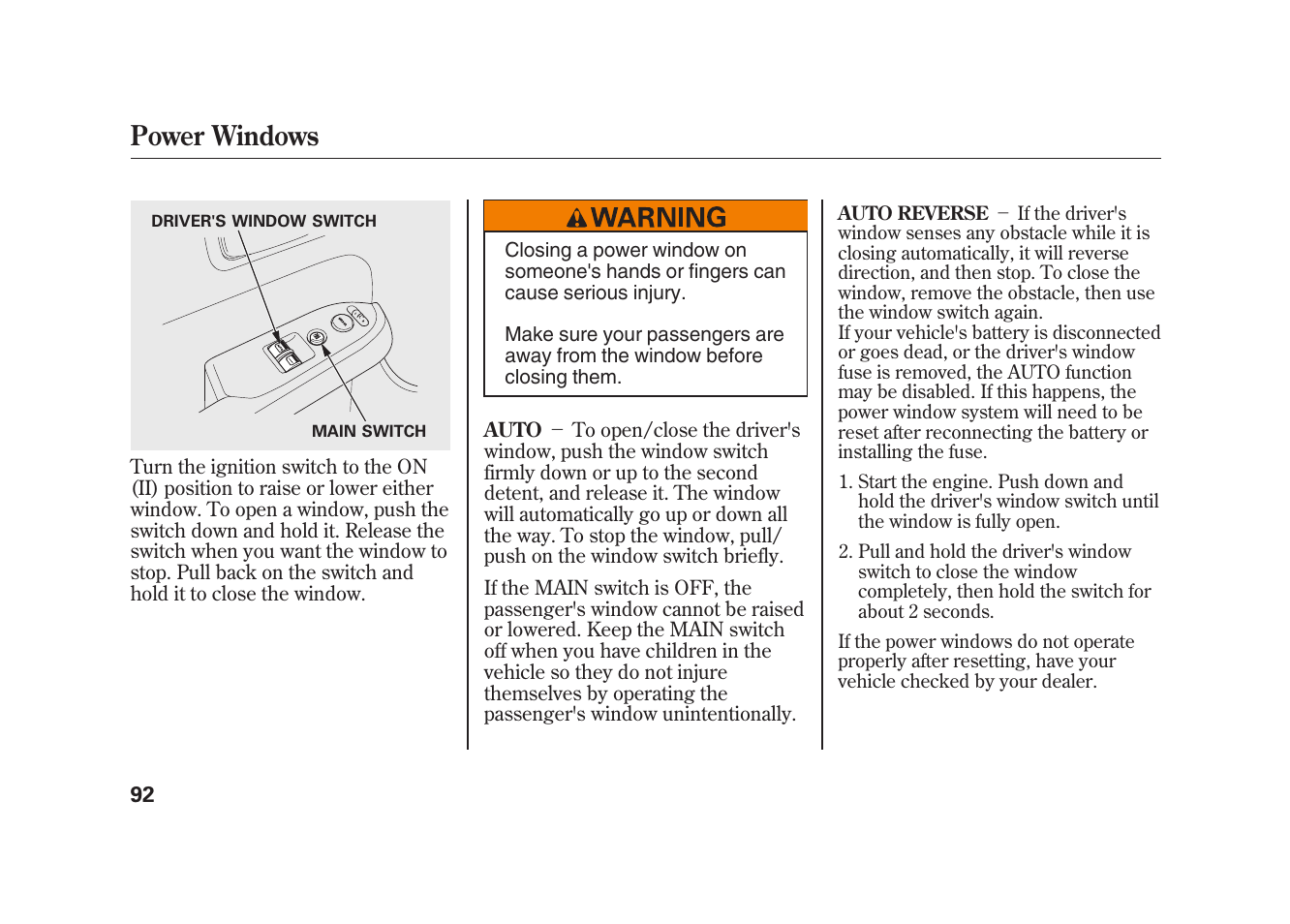 Power windows | HONDA 2009 Element User Manual | Page 98 / 346