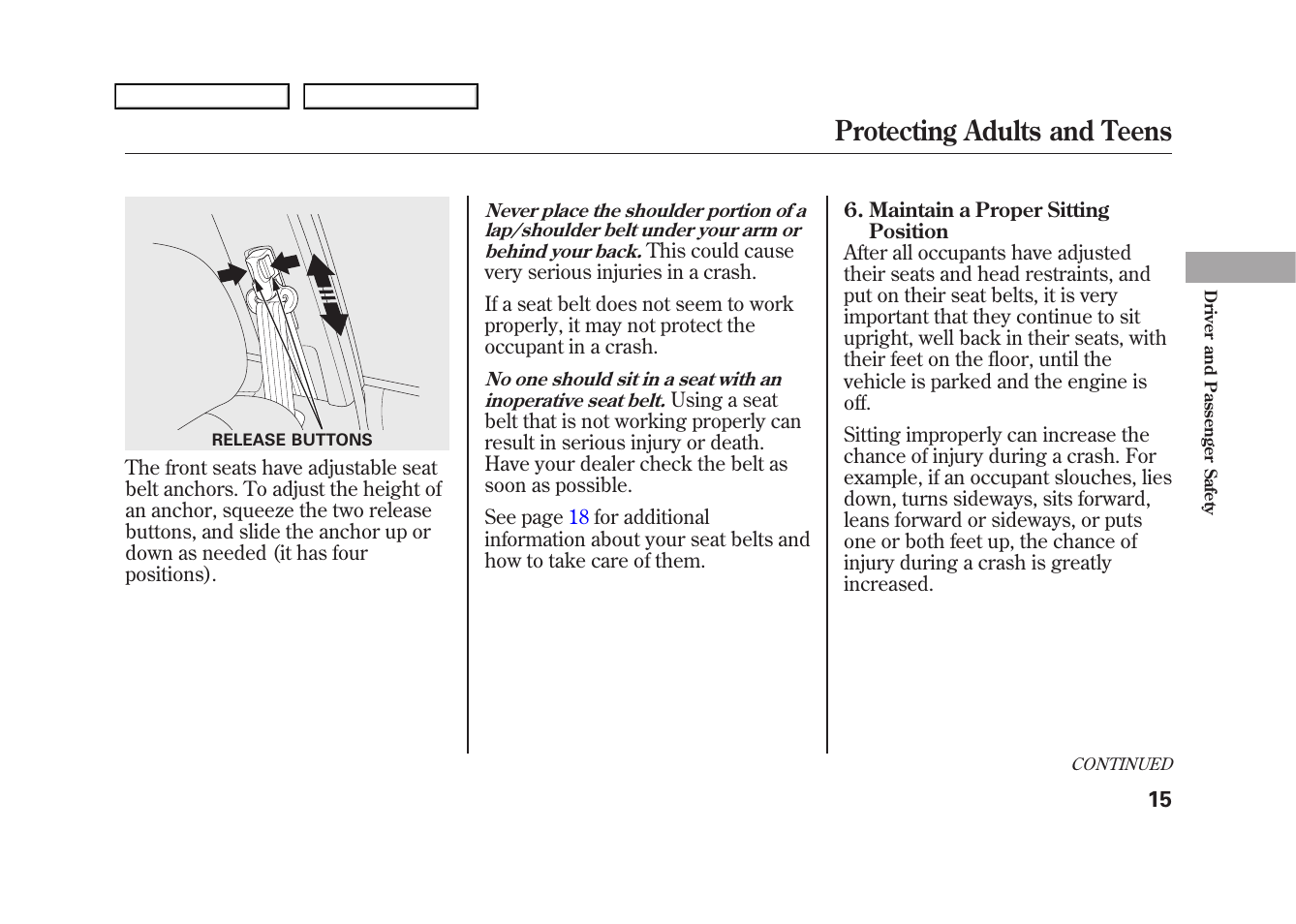 Protecting adults and teens | HONDA 2009 Fit User Manual | Page 18 / 352