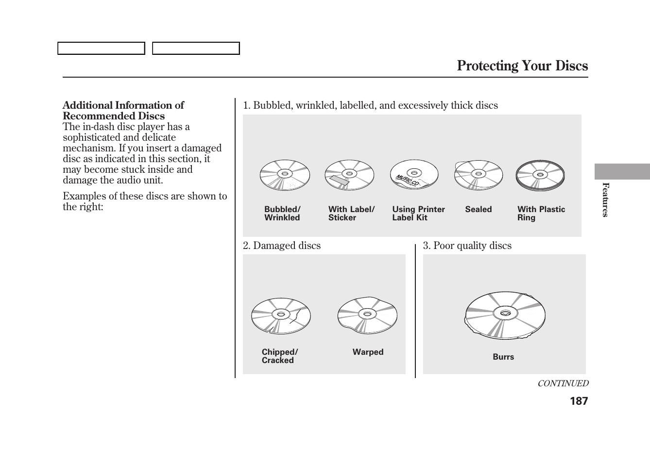 Protecting your discs | HONDA 2009 Fit User Manual | Page 190 / 352