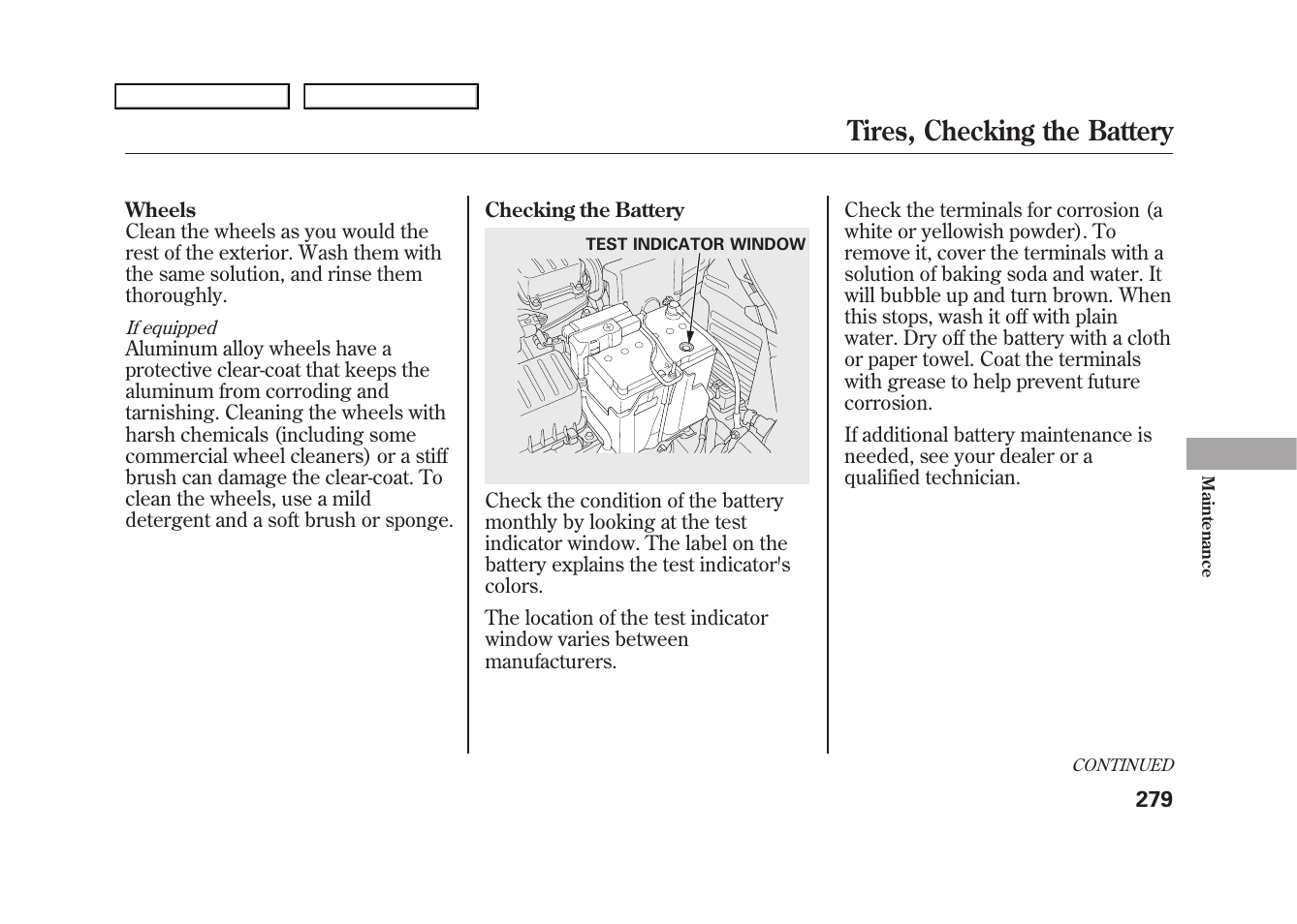 Tires, checking the battery | HONDA 2009 Fit User Manual | Page 282 / 352