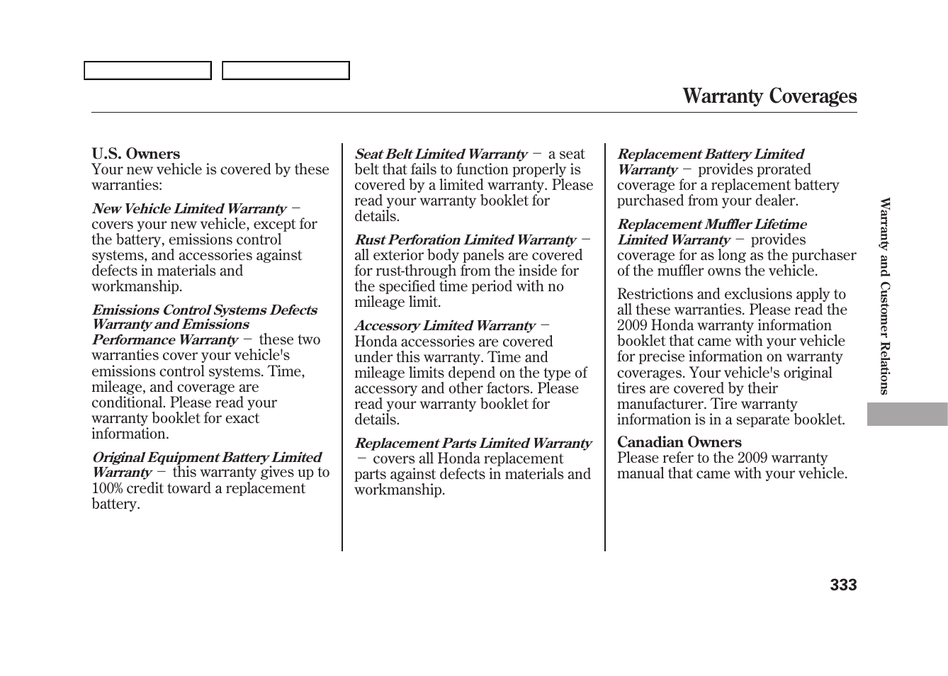 Warranty coverages | HONDA 2009 Fit User Manual | Page 336 / 352