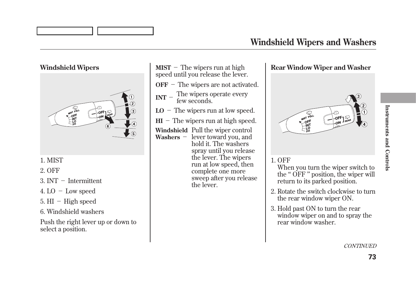 Windshield wipers and washers | HONDA 2009 Fit User Manual | Page 76 / 352