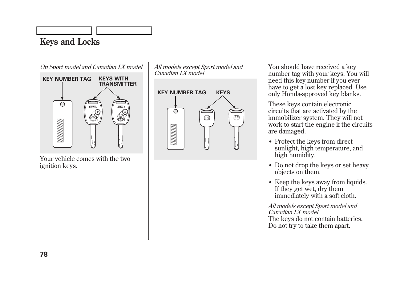 Keys and locks | HONDA 2009 Fit User Manual | Page 81 / 352