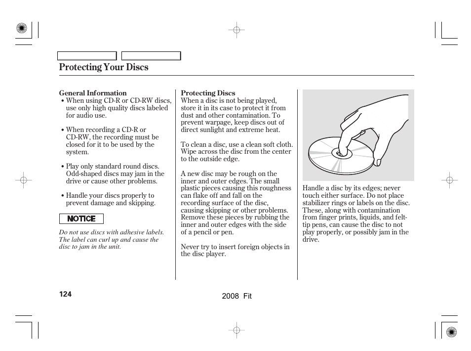 Protecting your discs | HONDA 2008 Fit User Manual | Page 127 / 280