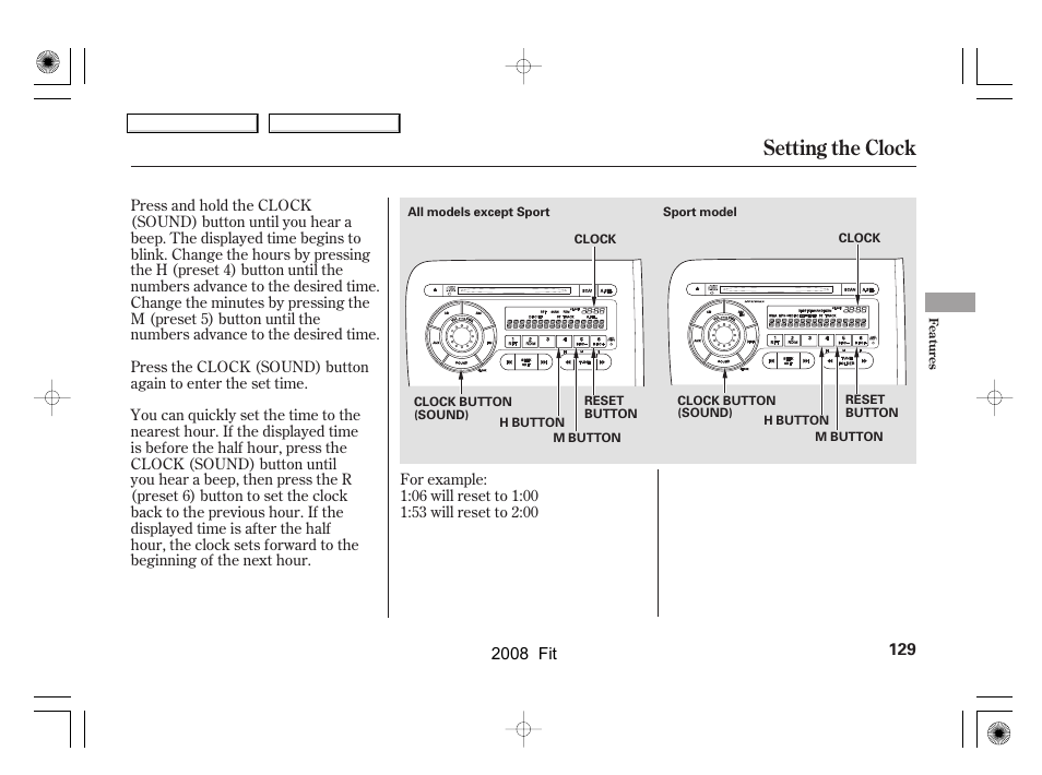 Setting the clock | HONDA 2008 Fit User Manual | Page 132 / 280