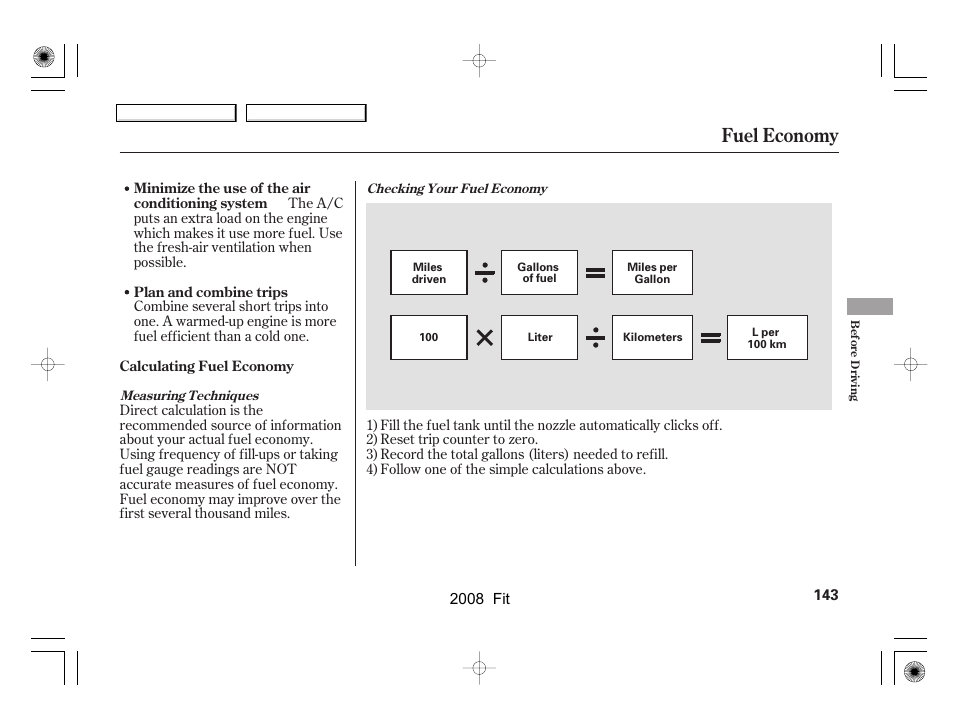 Fuel economy | HONDA 2008 Fit User Manual | Page 146 / 280