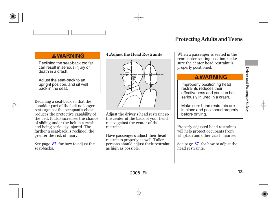 Protecting adults and teens | HONDA 2008 Fit User Manual | Page 16 / 280