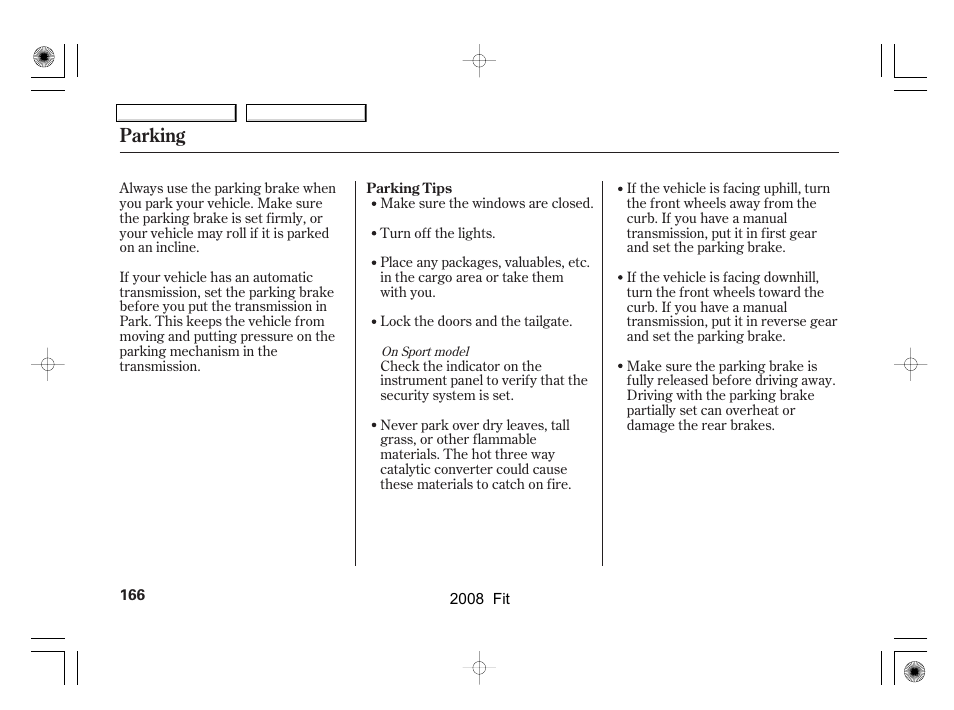 Parking | HONDA 2008 Fit User Manual | Page 169 / 280