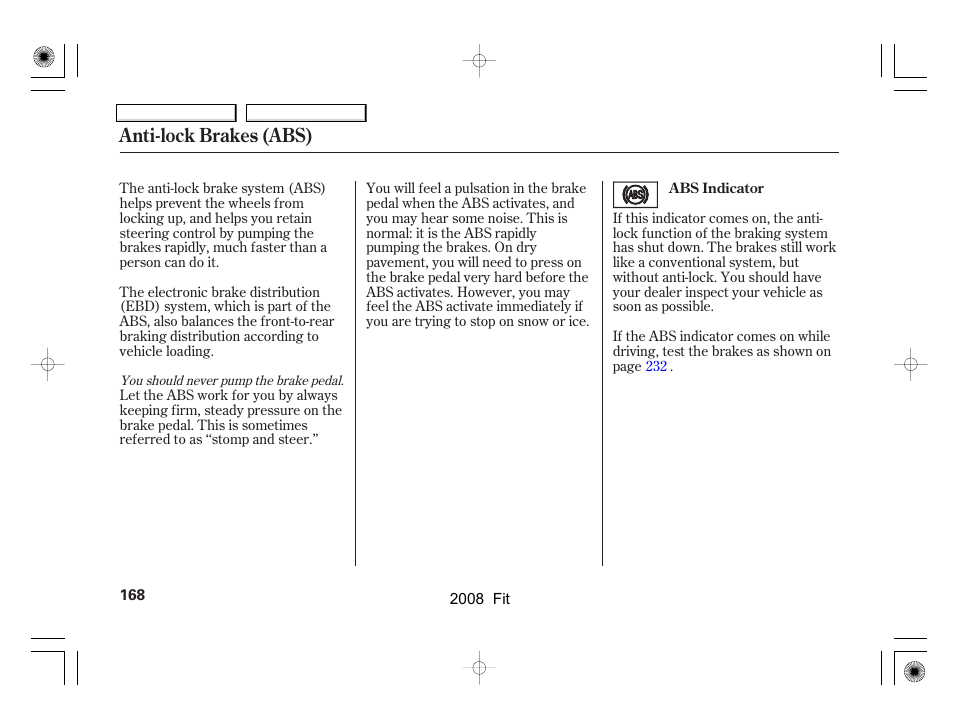 Anti-lock brakes (abs) | HONDA 2008 Fit User Manual | Page 171 / 280