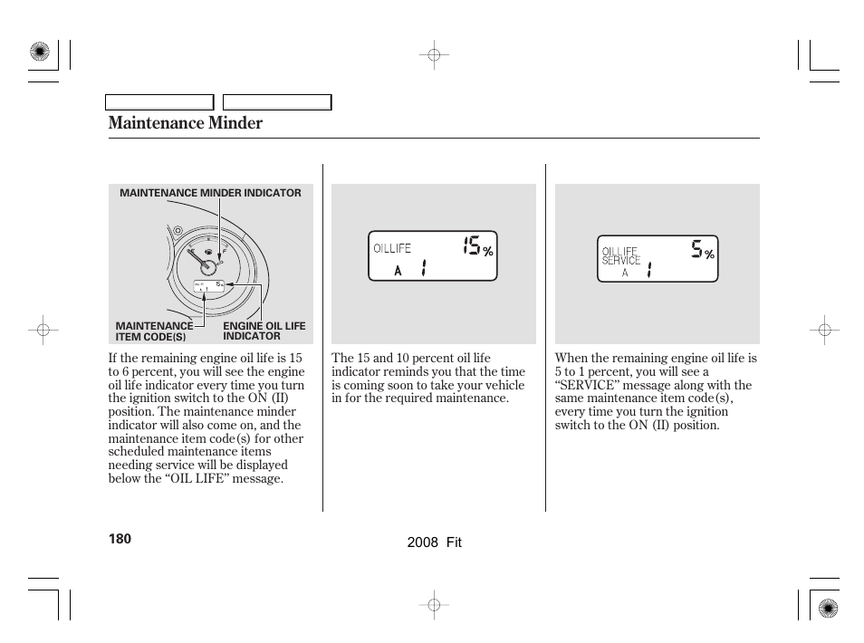 Maintenance minder | HONDA 2008 Fit User Manual | Page 183 / 280