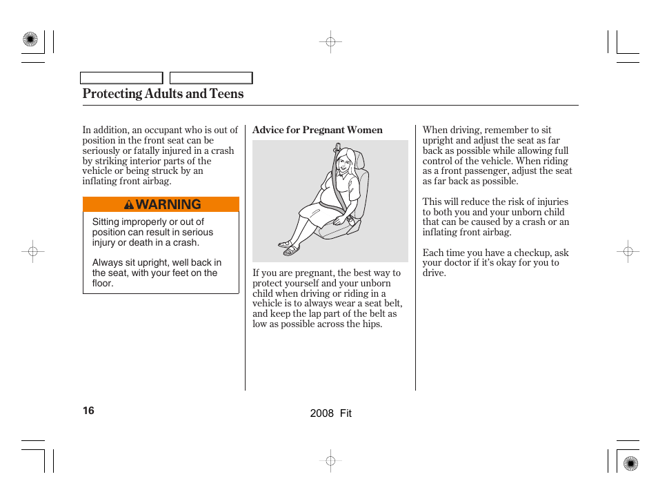 Protecting adults and teens | HONDA 2008 Fit User Manual | Page 19 / 280