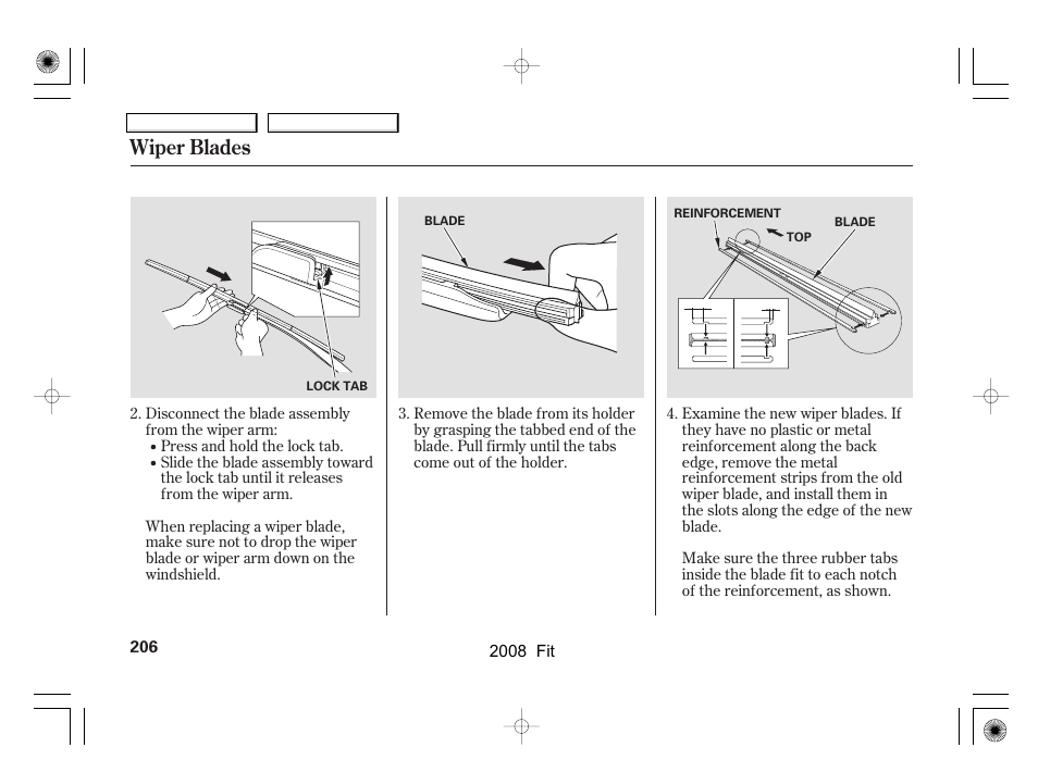Wiper blades | HONDA 2008 Fit User Manual | Page 209 / 280