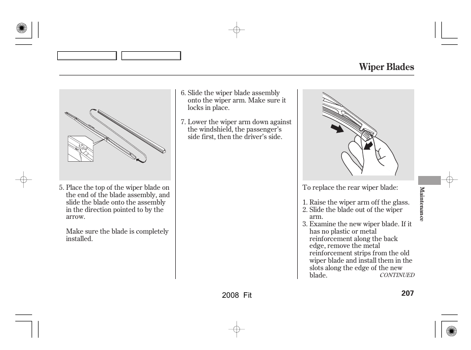 Wiper blades | HONDA 2008 Fit User Manual | Page 210 / 280