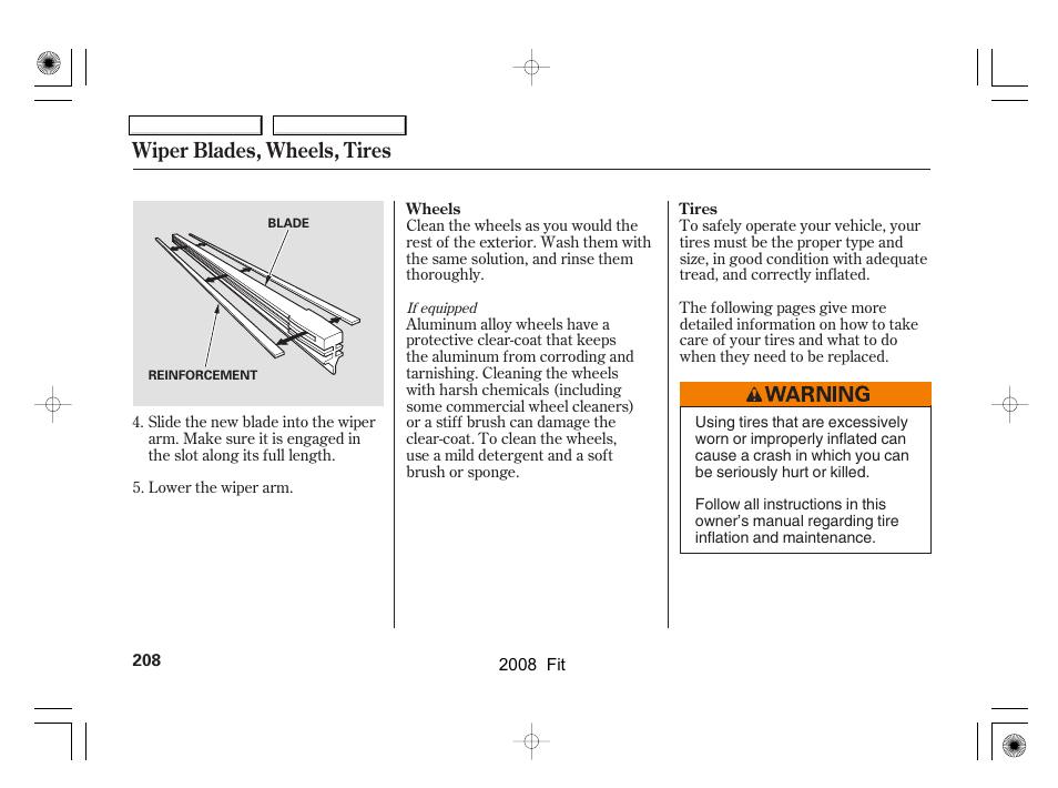 Wiper blades, wheels, tires | HONDA 2008 Fit User Manual | Page 211 / 280