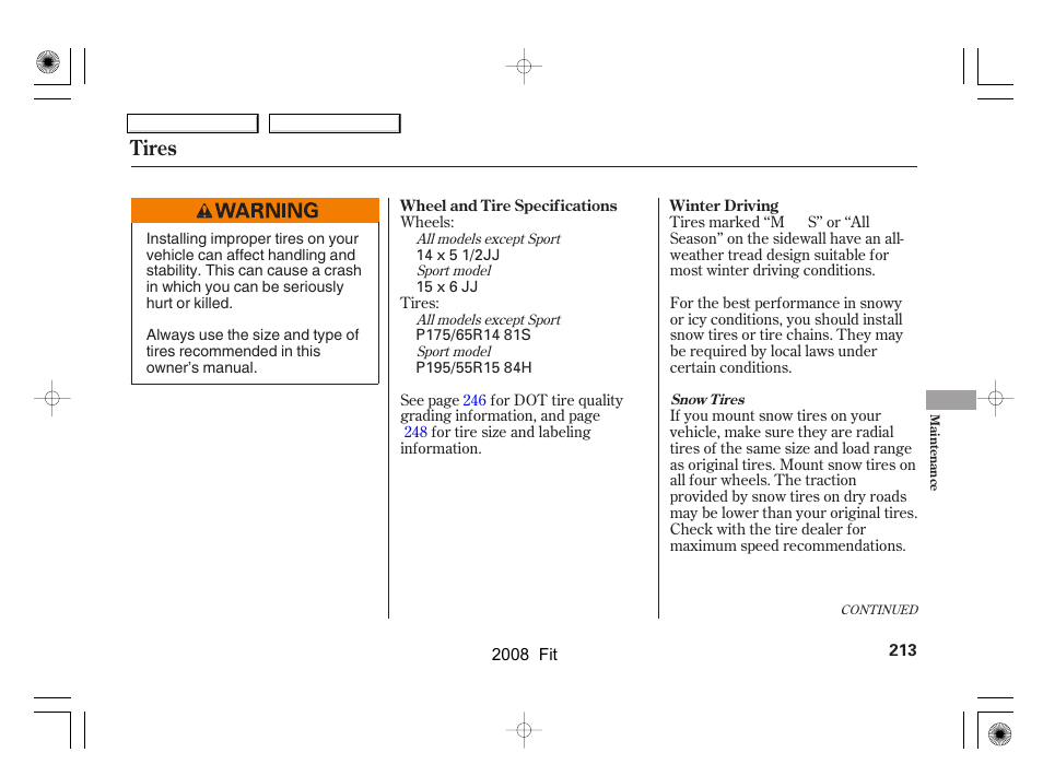 Tires | HONDA 2008 Fit User Manual | Page 216 / 280