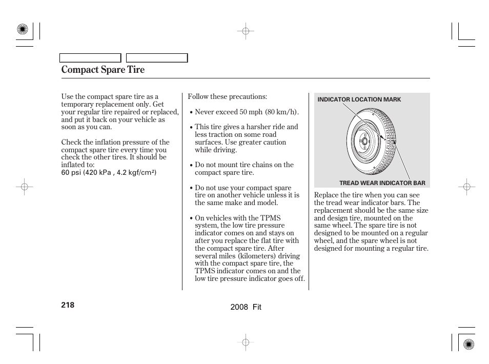 Compact spare tire | HONDA 2008 Fit User Manual | Page 221 / 280