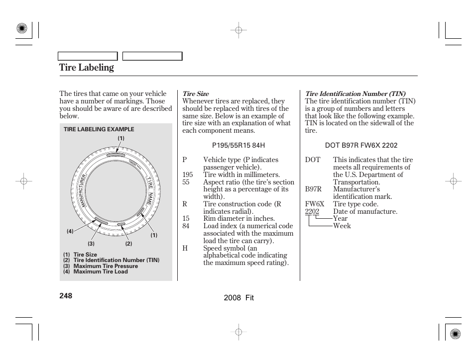 Tire labeling | HONDA 2008 Fit User Manual | Page 251 / 280