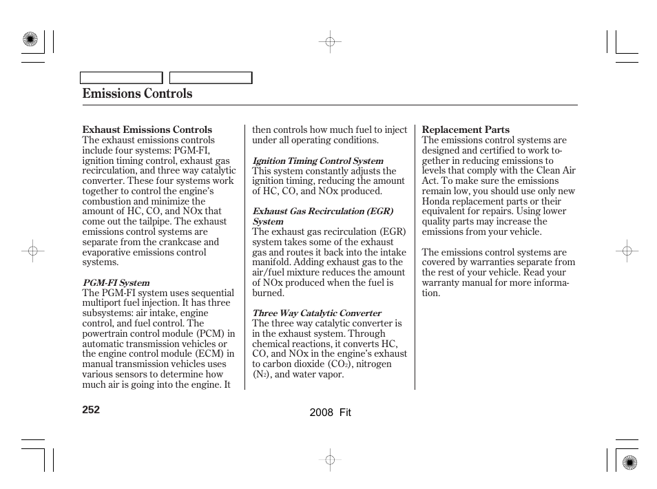 Emissions controls | HONDA 2008 Fit User Manual | Page 255 / 280