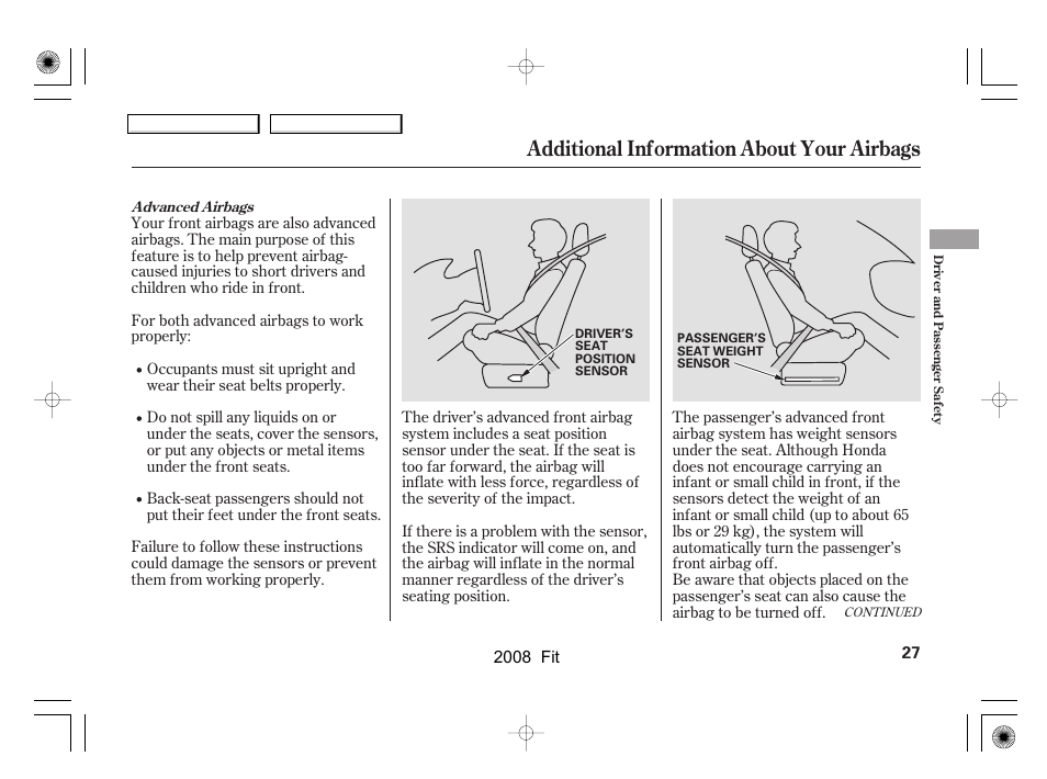 Additional information about your airbags | HONDA 2008 Fit User Manual | Page 30 / 280