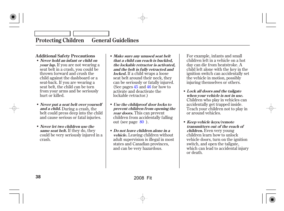 Protecting children general guidelines | HONDA 2008 Fit User Manual | Page 41 / 280