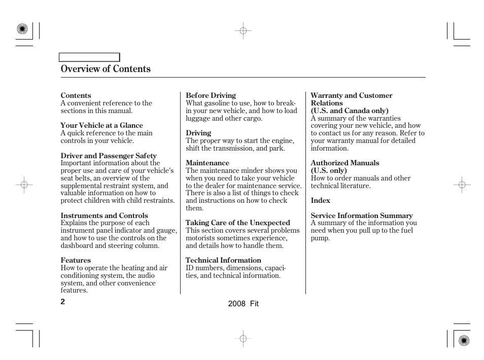 Overview of contents | HONDA 2008 Fit User Manual | Page 5 / 280