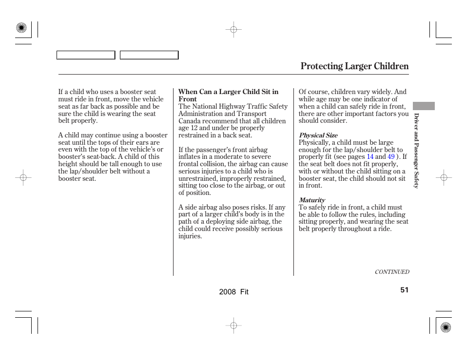 Protecting larger children | HONDA 2008 Fit User Manual | Page 54 / 280