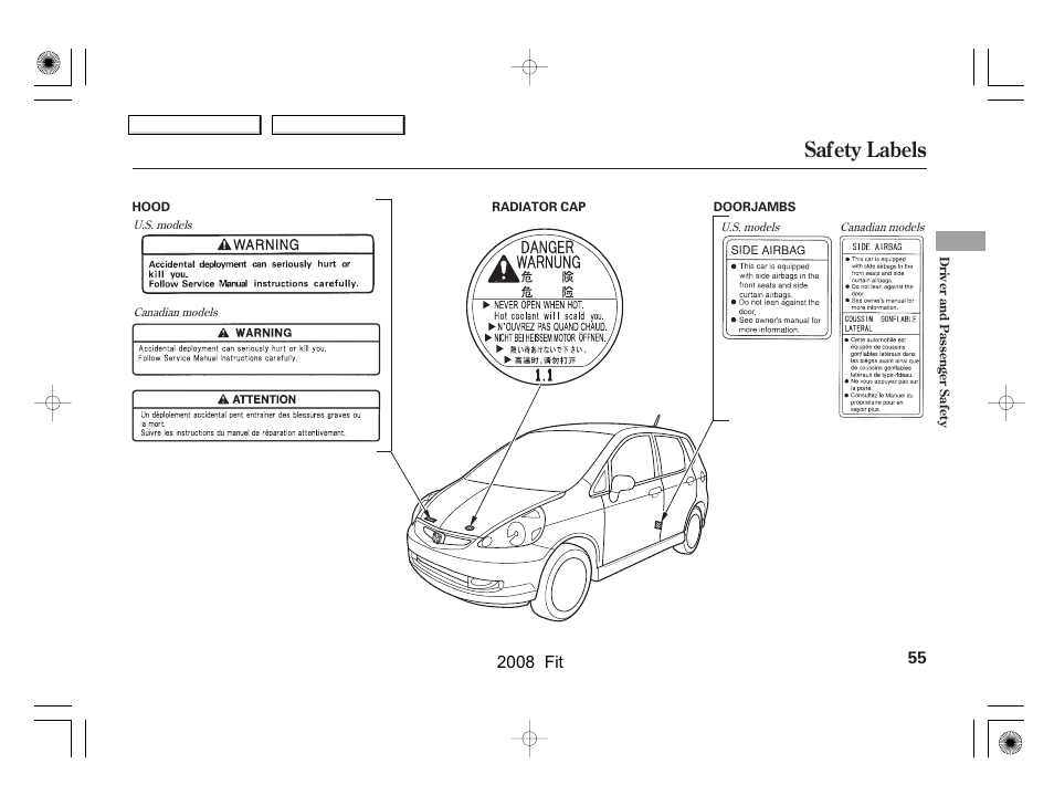 Safety labels, 2008 fit | HONDA 2008 Fit User Manual | Page 58 / 280