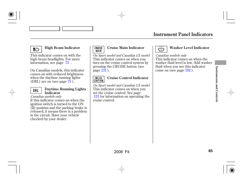 Instrument panel indicators | HONDA 2008 Fit User Manual | Page 68 / 280