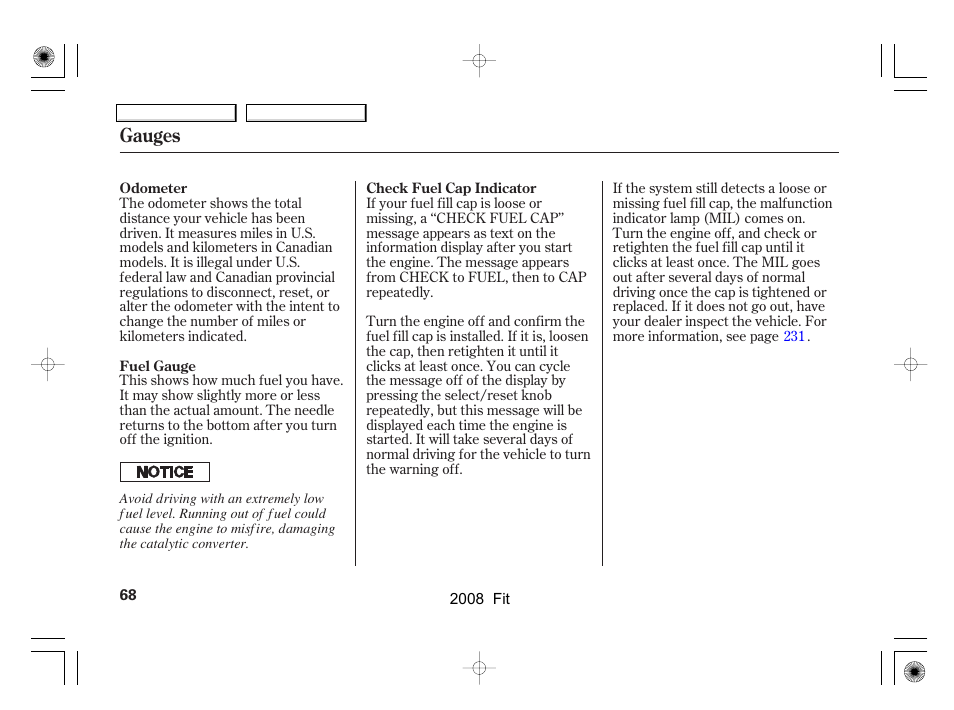 Gauges | HONDA 2008 Fit User Manual | Page 71 / 280