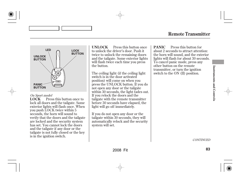 Remote transmitter | HONDA 2008 Fit User Manual | Page 86 / 280