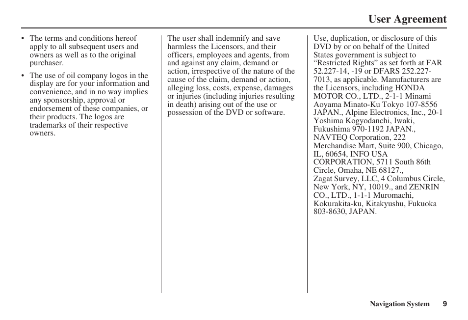 User agreement | HONDA 2008 Ridgeline 31SJC8100 User Manual | Page 10 / 136