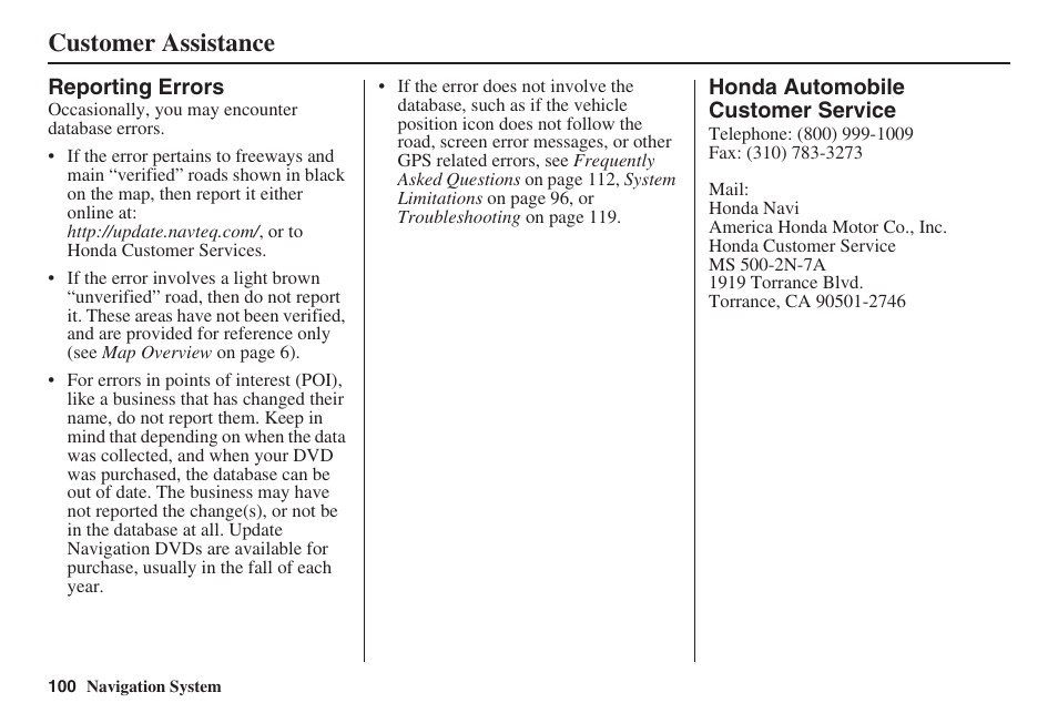 Customer assistance | HONDA 2008 Ridgeline 31SJC8100 User Manual | Page 101 / 136