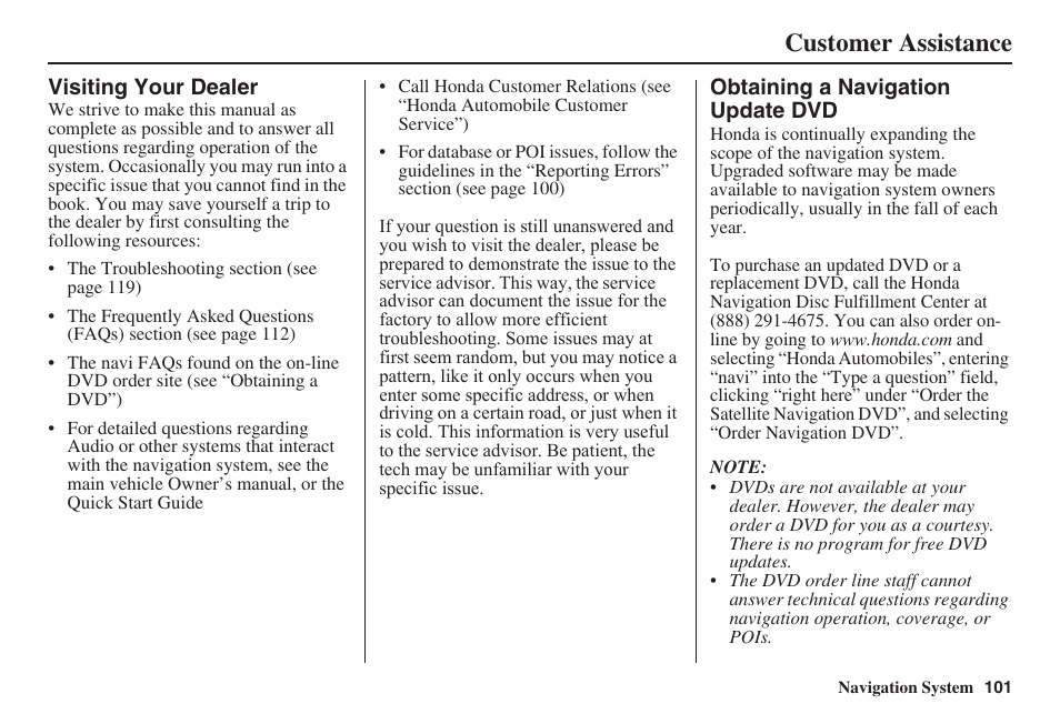 Customer assistance | HONDA 2008 Ridgeline 31SJC8100 User Manual | Page 102 / 136