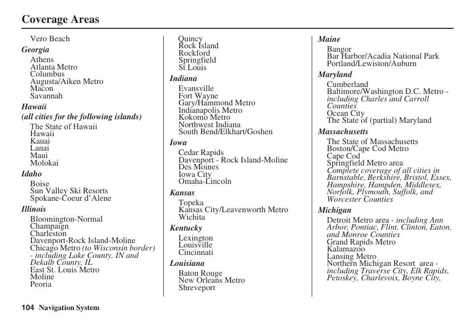 Coverage areas | HONDA 2008 Ridgeline 31SJC8100 User Manual | Page 105 / 136