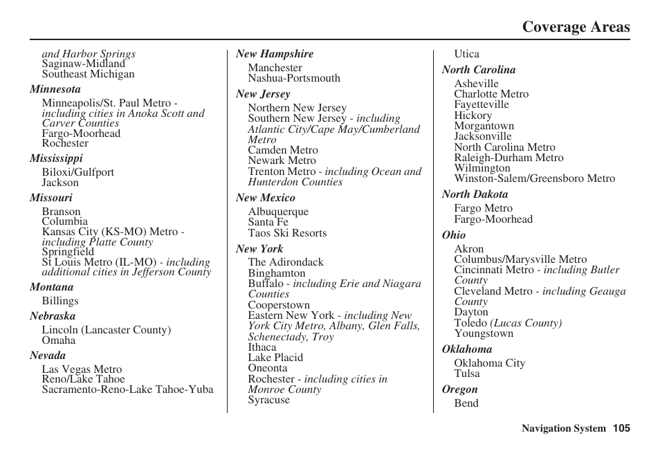 Coverage areas | HONDA 2008 Ridgeline 31SJC8100 User Manual | Page 106 / 136