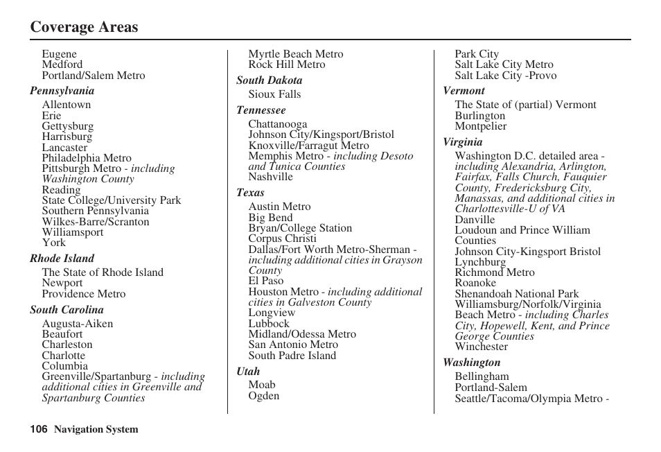 Coverage areas | HONDA 2008 Ridgeline 31SJC8100 User Manual | Page 107 / 136