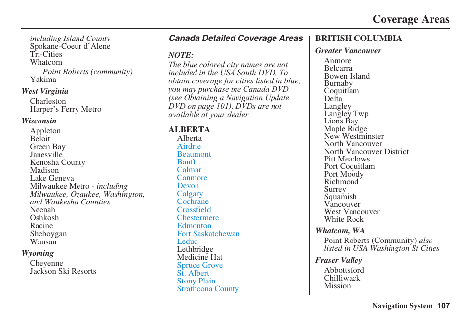 Coverage areas | HONDA 2008 Ridgeline 31SJC8100 User Manual | Page 108 / 136