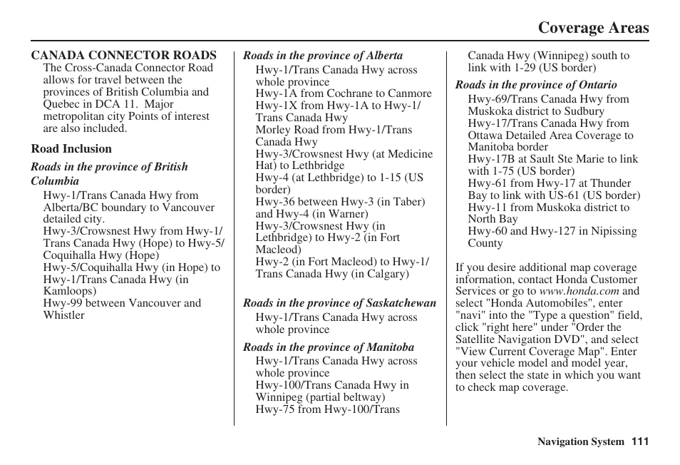 Coverage areas | HONDA 2008 Ridgeline 31SJC8100 User Manual | Page 112 / 136