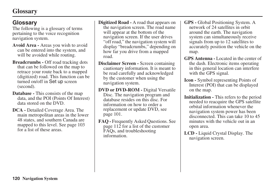 Glossary | HONDA 2008 Ridgeline 31SJC8100 User Manual | Page 121 / 136