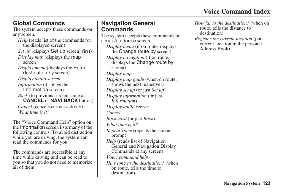 Voice command index | HONDA 2008 Ridgeline 31SJC8100 User Manual | Page 124 / 136