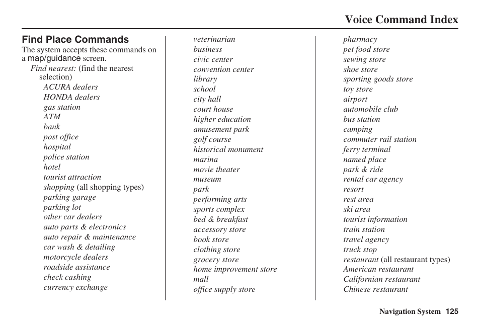 Voice command index | HONDA 2008 Ridgeline 31SJC8100 User Manual | Page 126 / 136