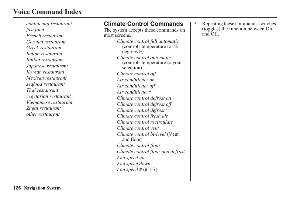 Voice command index | HONDA 2008 Ridgeline 31SJC8100 User Manual | Page 127 / 136