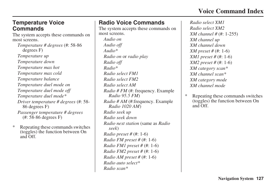 Voice command index | HONDA 2008 Ridgeline 31SJC8100 User Manual | Page 128 / 136