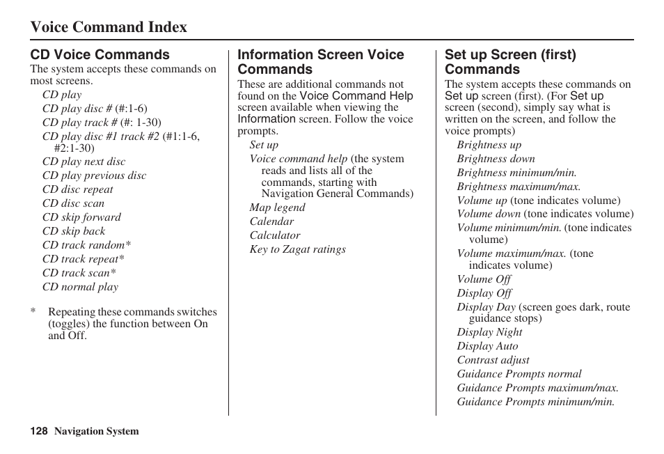 Voice command index | HONDA 2008 Ridgeline 31SJC8100 User Manual | Page 129 / 136