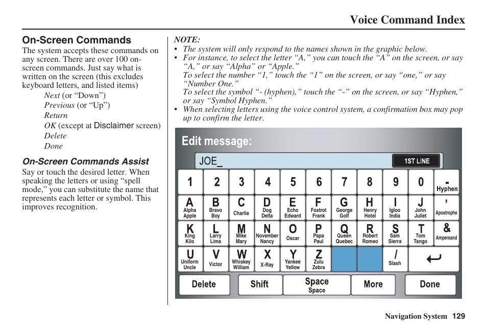 Voice command index, On-screen commands, On-screen commands assist | Navigation system 129 | HONDA 2008 Ridgeline 31SJC8100 User Manual | Page 130 / 136