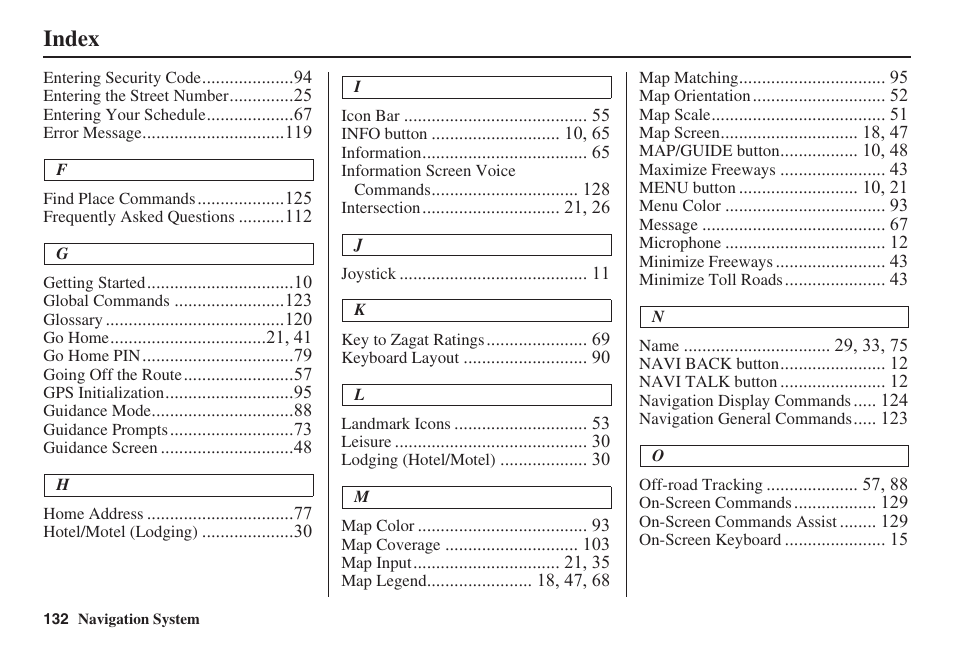 Index | HONDA 2008 Ridgeline 31SJC8100 User Manual | Page 133 / 136