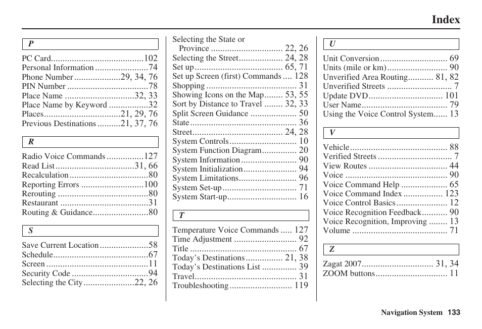 Index | HONDA 2008 Ridgeline 31SJC8100 User Manual | Page 134 / 136