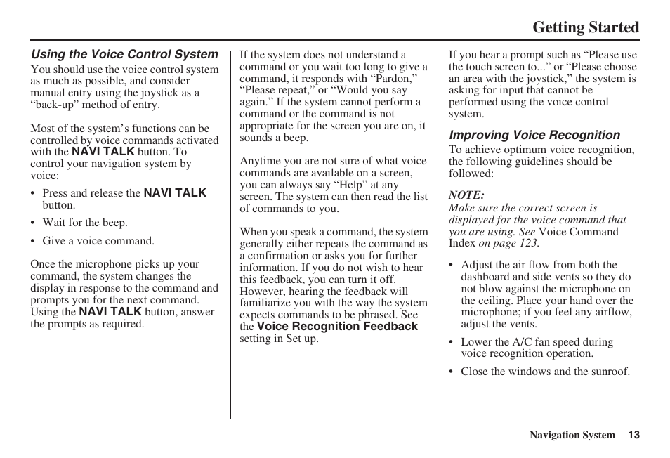 Getting started | HONDA 2008 Ridgeline 31SJC8100 User Manual | Page 14 / 136